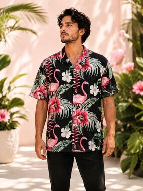 Hoooyi Mens XL Hawaiian Shirt Pink Flamingo Tropical Floral Black Short Sleeve